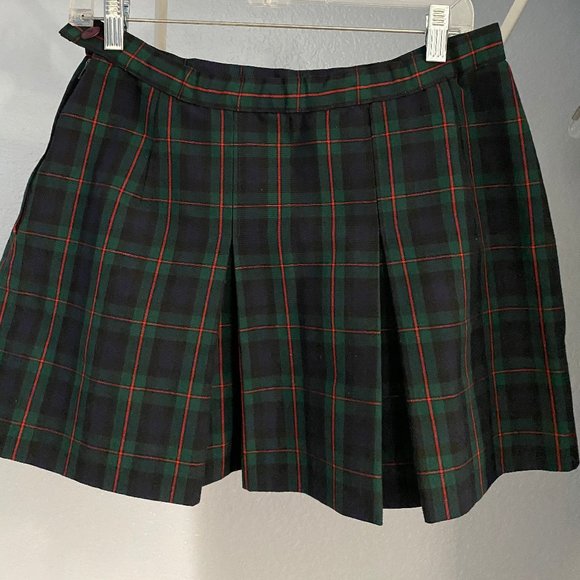 Red Olive Green Plaid Mini Skirt, Boarding School Uniform, Small, Dark Academia - Picture 1 of 3